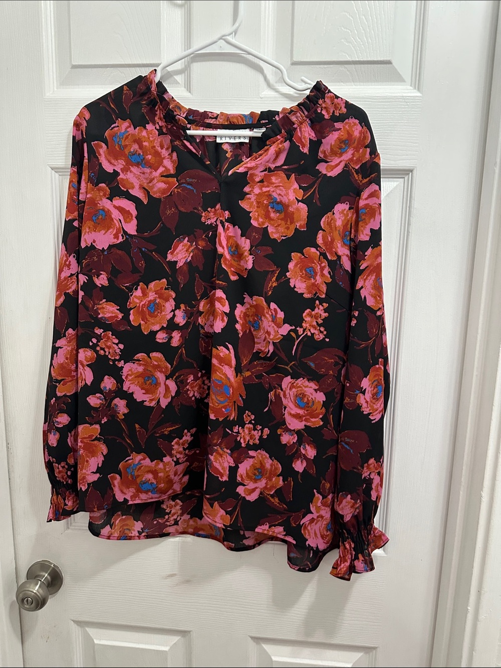 Joan Rivers Black Floral Button-Front Blouse with Pink & Orange Blooms